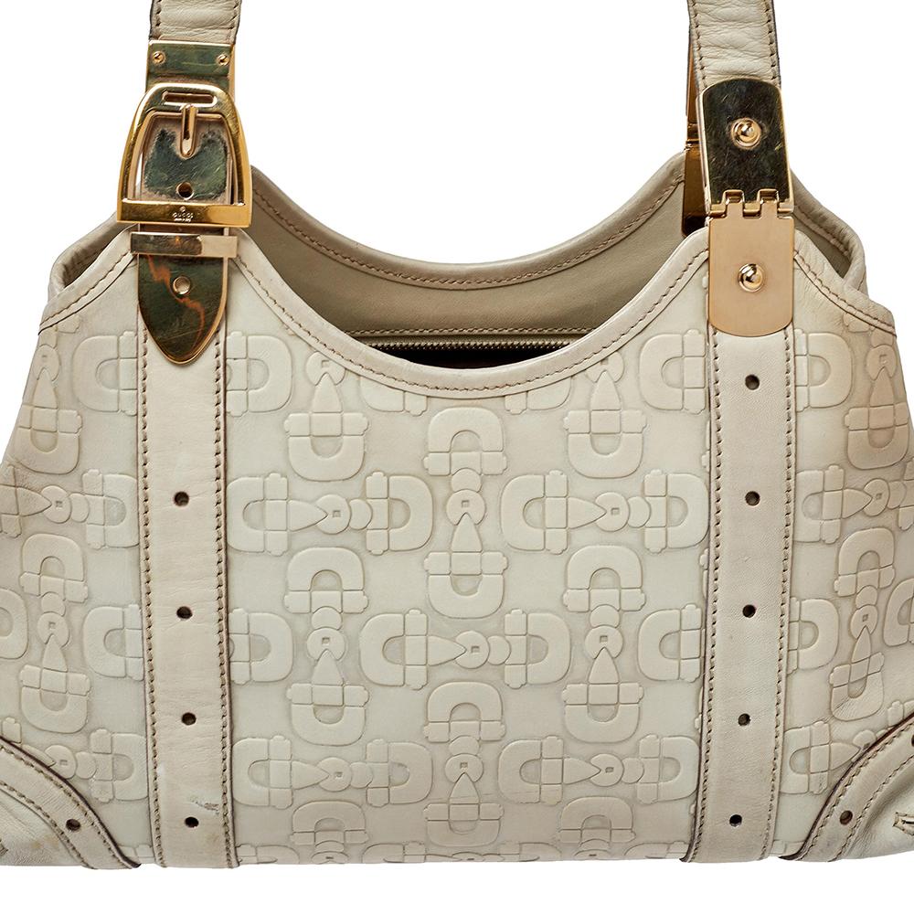 Gucci White Leather Horsebit Embossed Tote For Sale 2