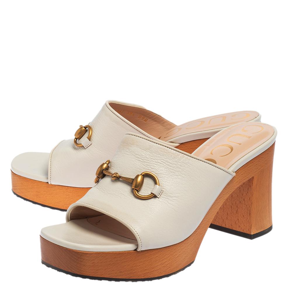 Women's Gucci White Leather Horsebit Platform Slide Sandals Size 39.5