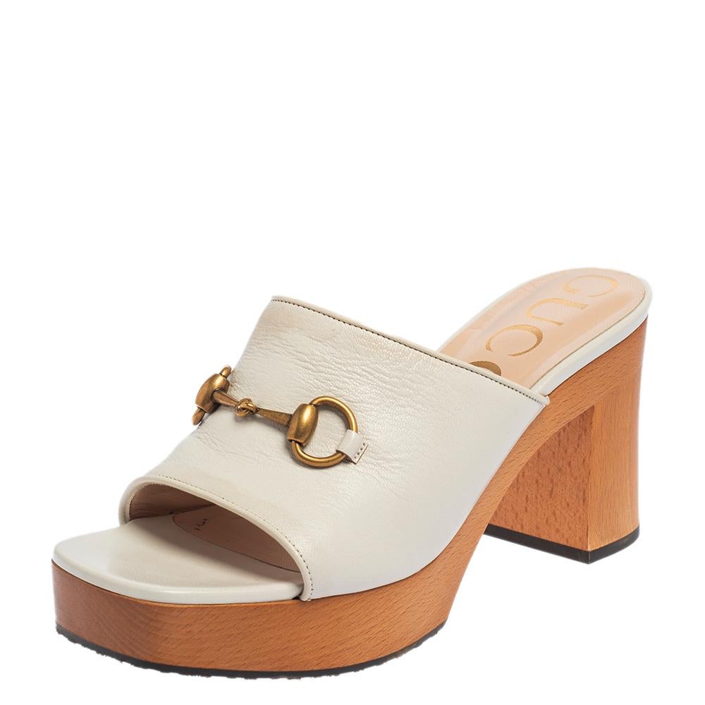 Gucci White Leather Horsebit Platform Slide Sandals Size 39.5