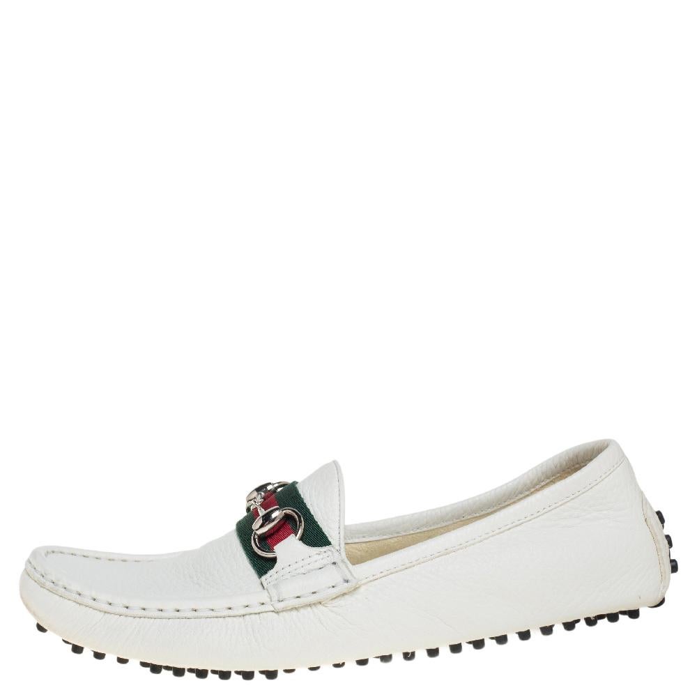 Gucci White Leather Horsebit Web Detail Loafers Size 37.5 In Good Condition In Dubai, Al Qouz 2