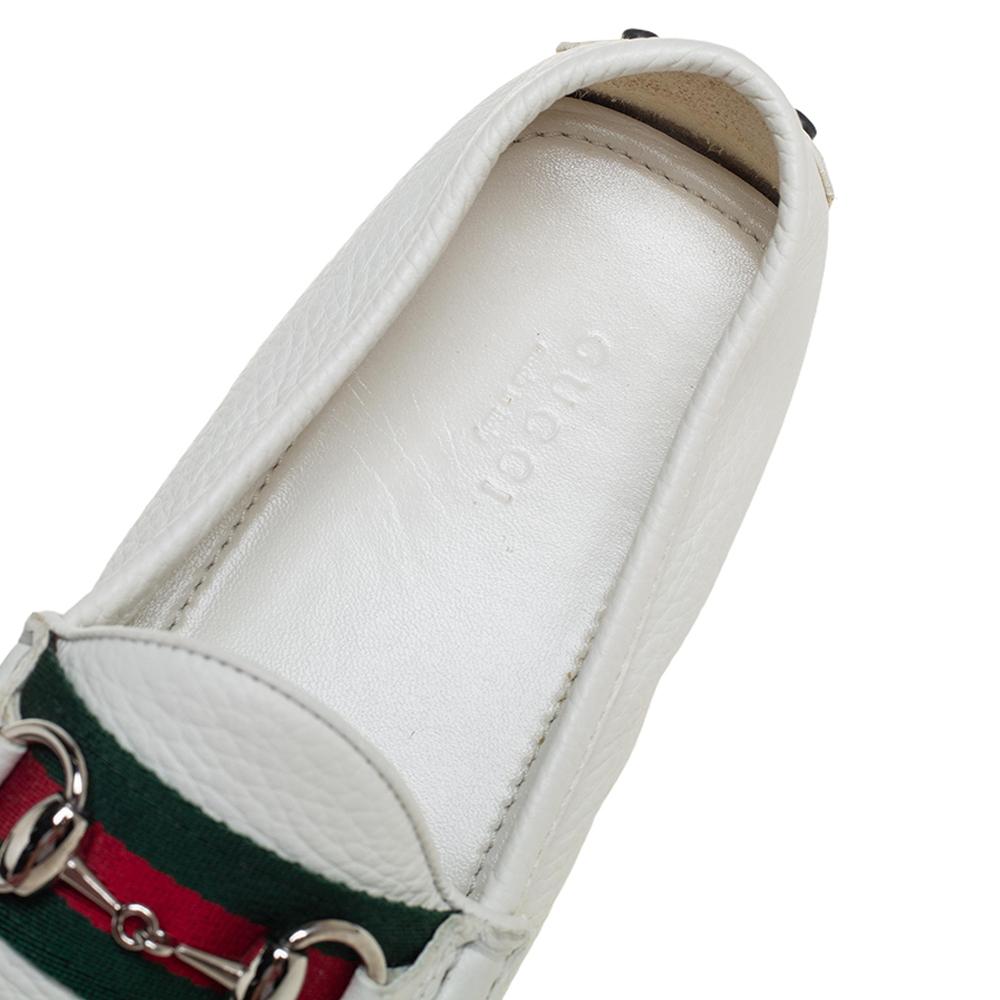 Women's Gucci White Leather Horsebit Web Detail Loafers Size 37.5