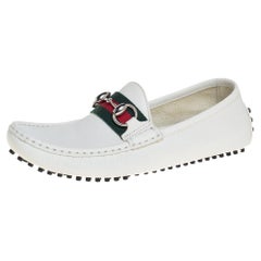 Gucci White Leather Horsebit Web Slip On Loafers Size 37