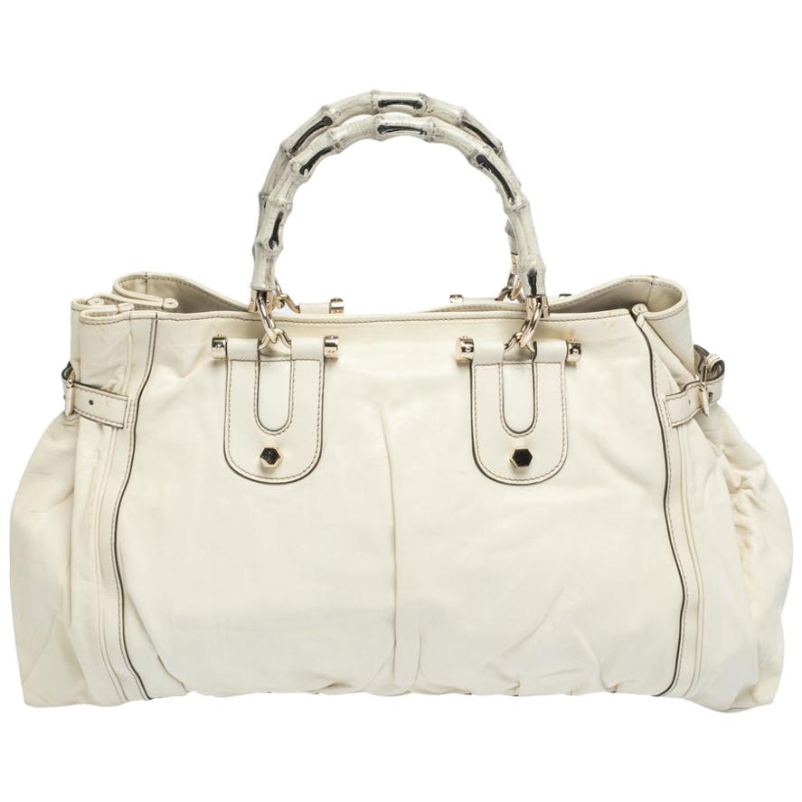 Gucci White Leather Large Bamboo Pop Tote