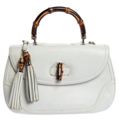 Gucci White Leather Large New Bamboo Tassel Top Handle Bag
