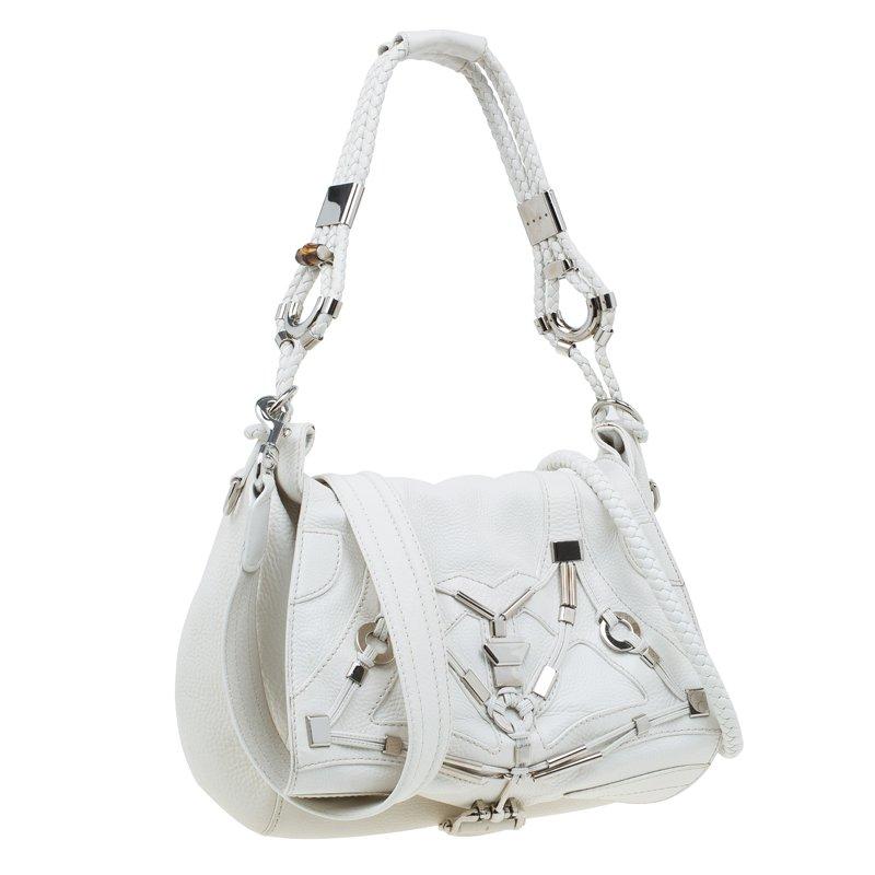 Gucci White Leather Large Techno Horsebit Flap Shoulder Bag In Excellent Condition In Dubai, Al Qouz 2