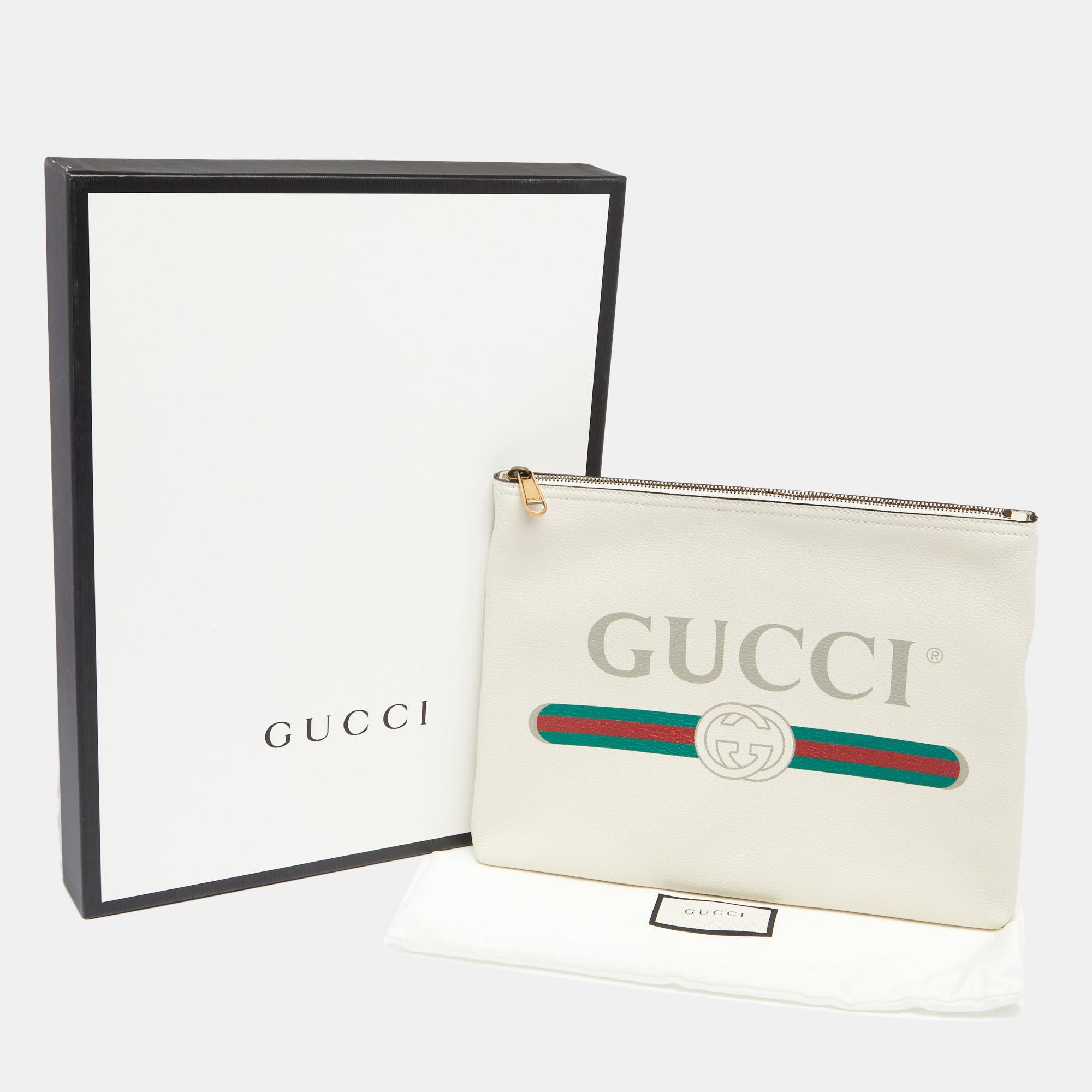 Gucci White Leather Logo Print Zip Pouch 7