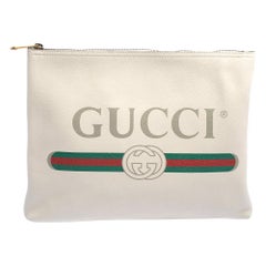 Gucci White Leather Logo Print Zip Pouch