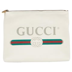 Used Gucci White Leather Logo Print Zip Pouch