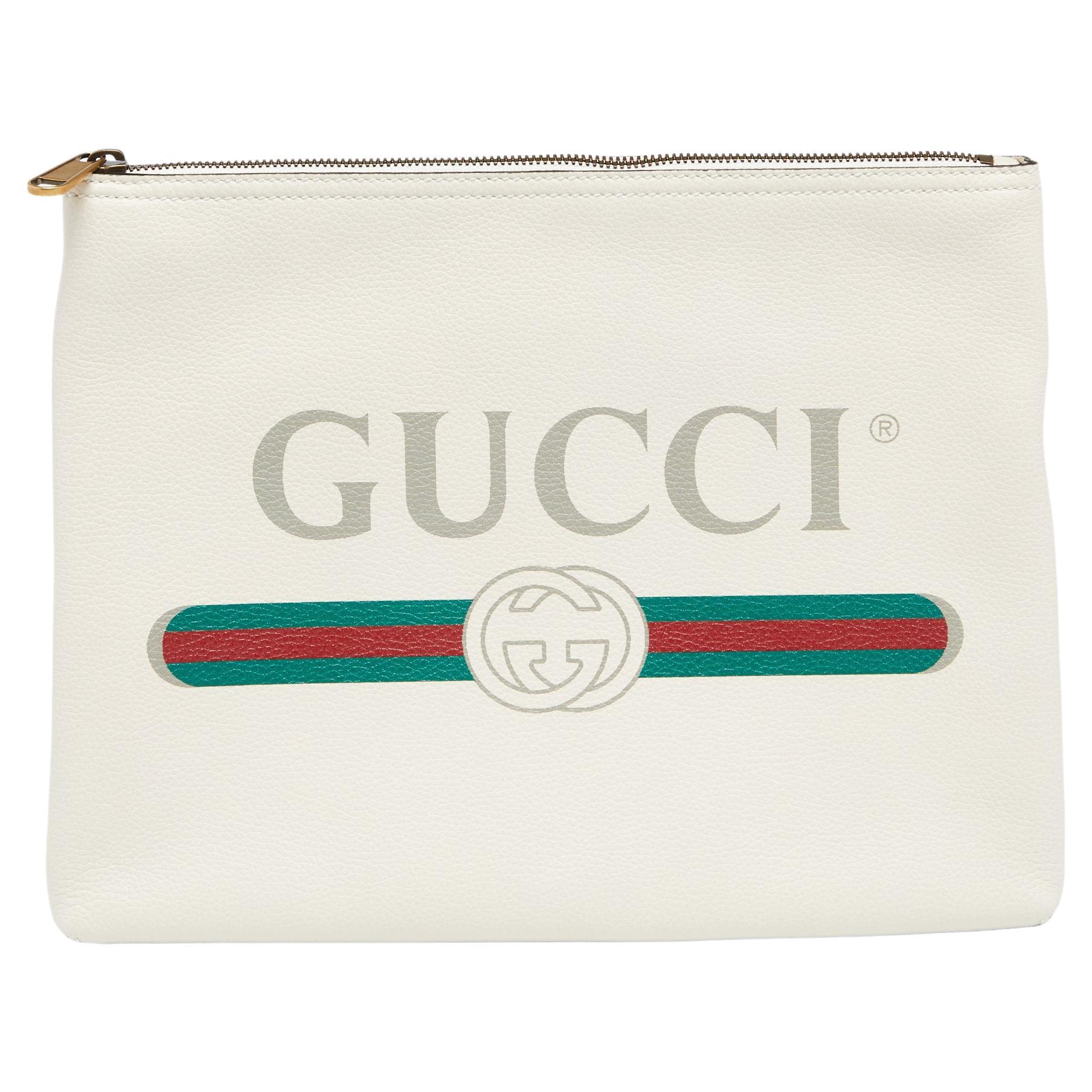 Gucci White Leather Logo Print Zip Pouch