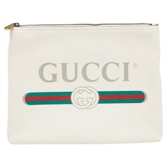 Used Gucci White Leather Logo Print Zip Pouch