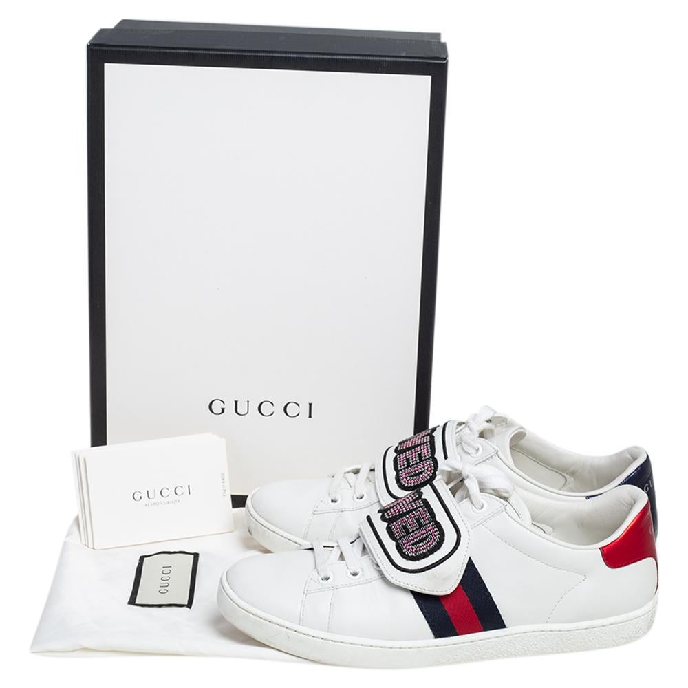 Women's Gucci White Leather Loved Embellished Ace Low Top Sneakers Size 37.5