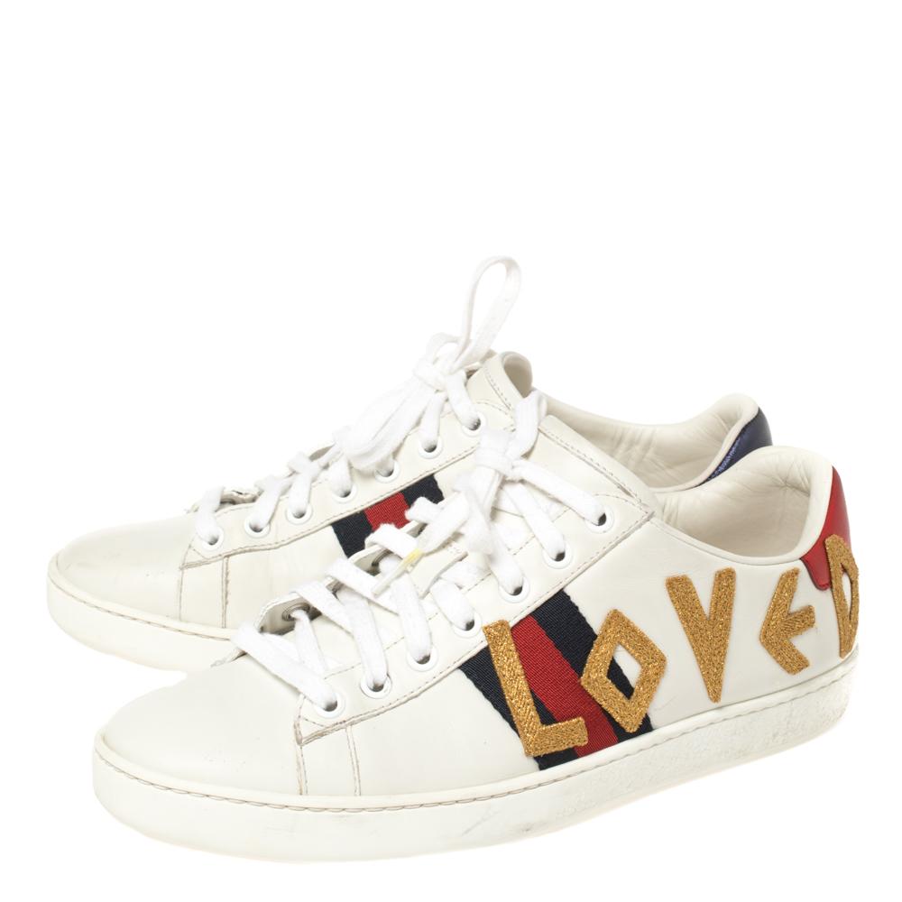 Women's Gucci White Leather Loved Embroidered Ace Sneakers Size 37.5