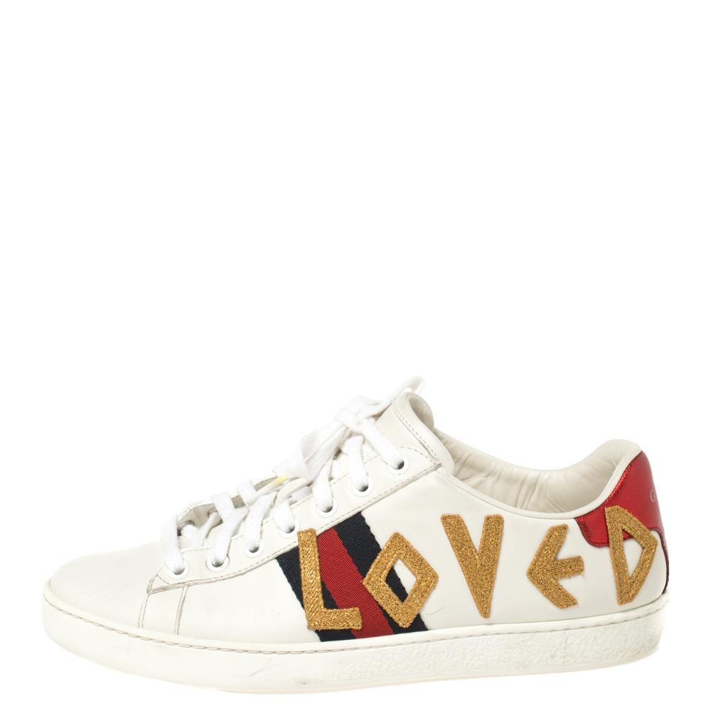 Gucci White Leather Loved Embroidered Ace Sneakers Size 37.5 3