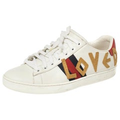 Gucci White Leather Loved Embroidered Ace Sneakers Size 37.5