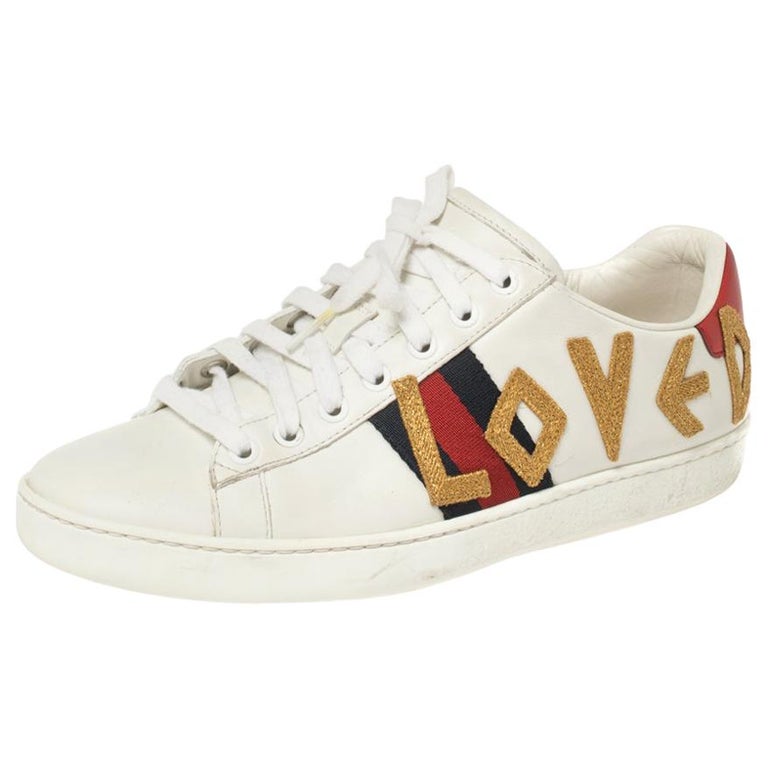 Gucci White Leather Loved Embroidered Ace Sneakers Size 37.5 at 1stDibs