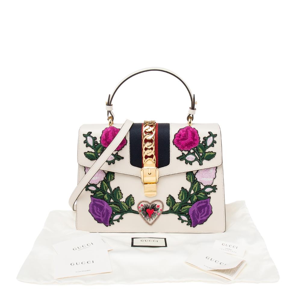 Gucci White Leather Medium Sylvie Embroidered Top Handle Bag 4