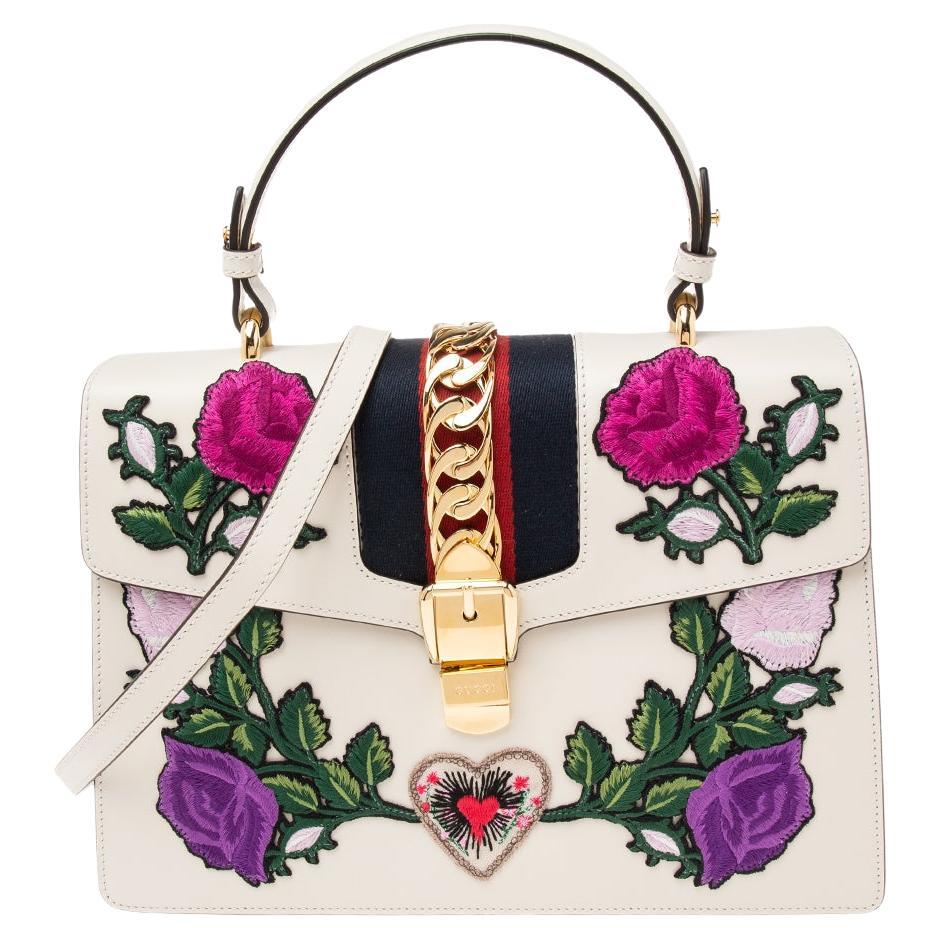 Gucci White Leather Medium Sylvie Embroidered Top Handle Bag