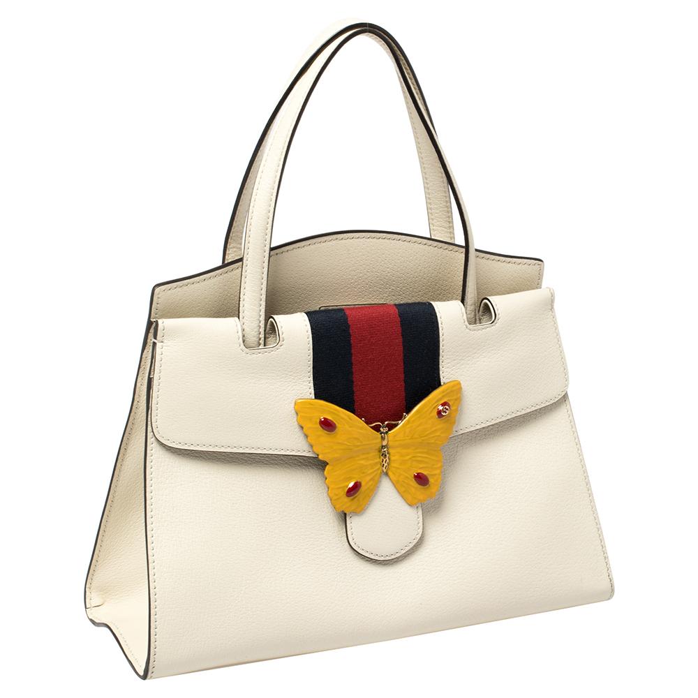 Women's Gucci White Leather Medium Web Butterfly Linea Totem Tote