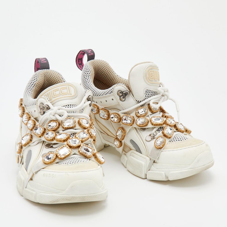 Gucci White Leather Mesh Flashtrek Removable Crystals Low Top Sneakers