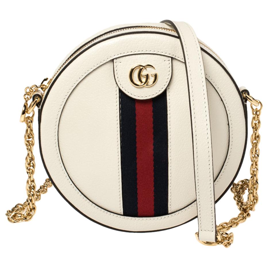 Gucci White Leather Mini Ophidia Round Shoulder Bag