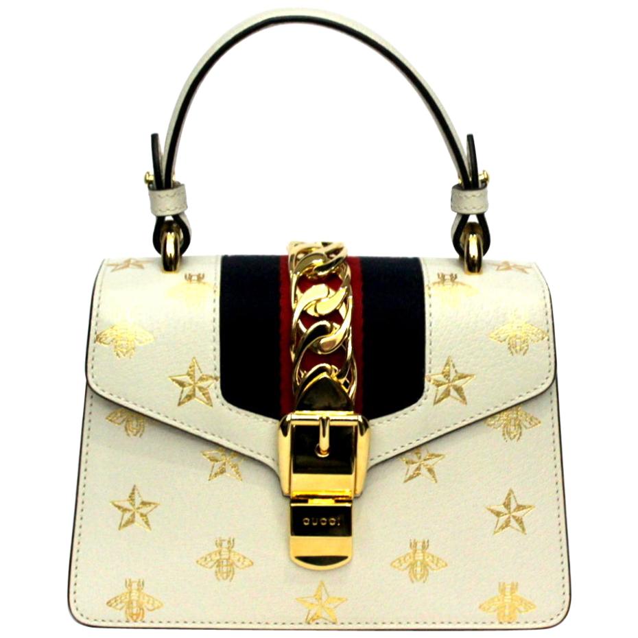 Gucci White Leather Mini Sylvie Bee Star Gucci Bag
