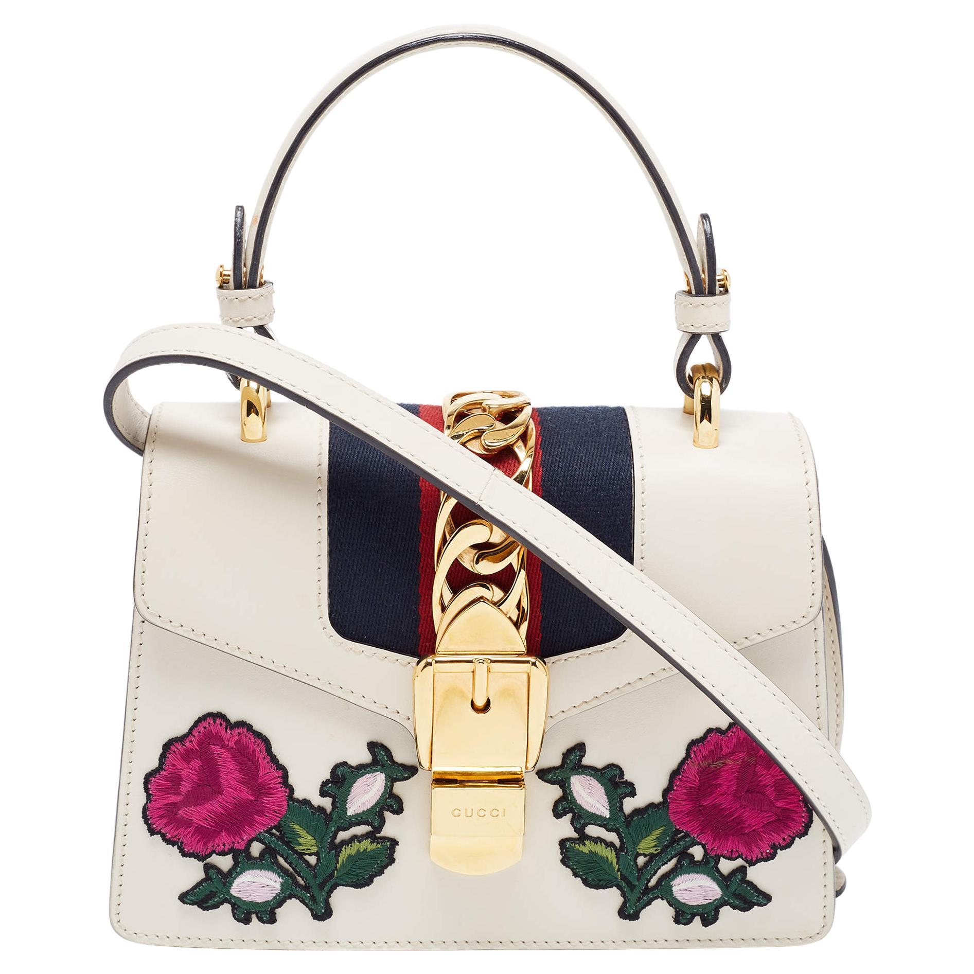 Gucci White Leather Mini Sylvie Top Handle Bag For Sale