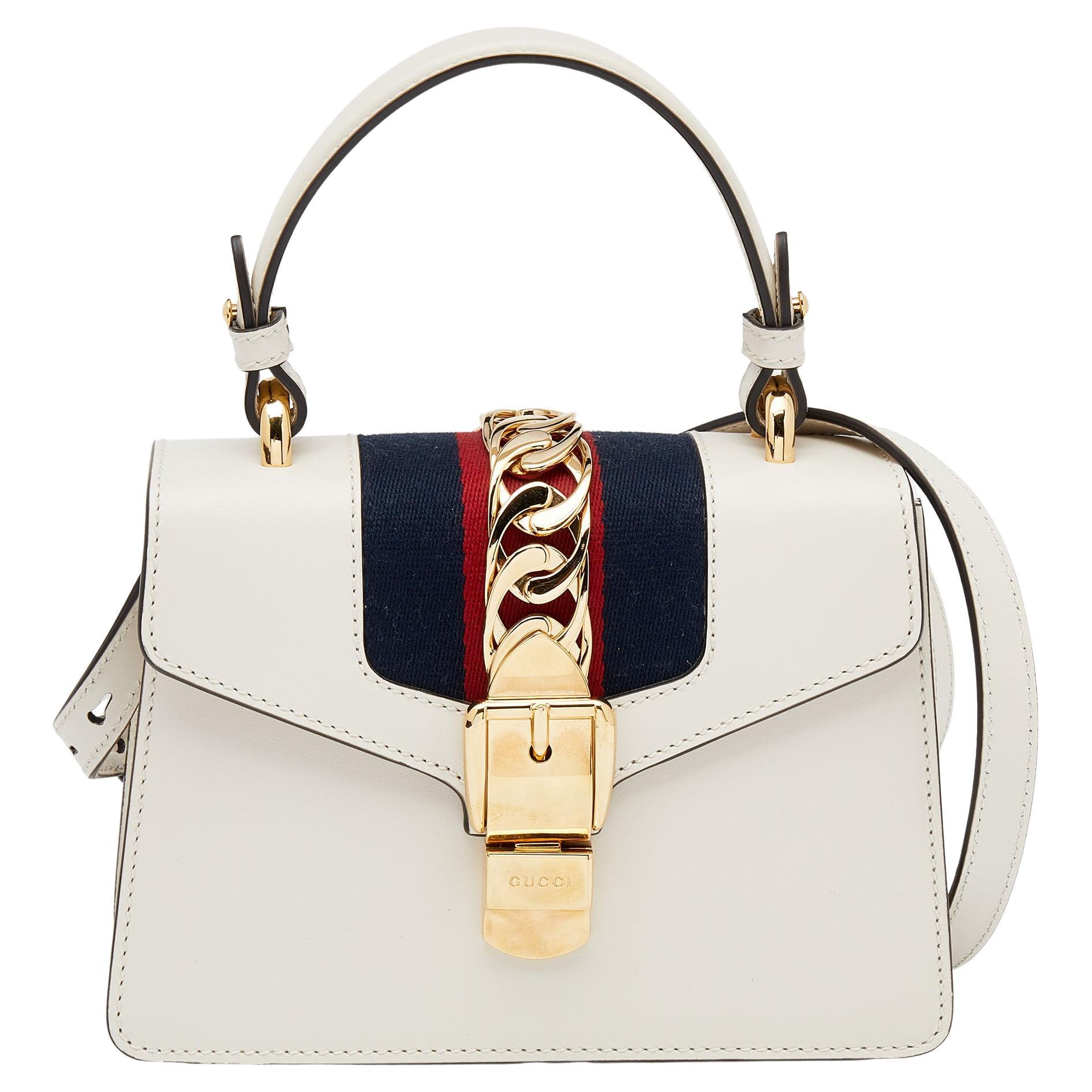 Gucci White Leather Mini Web Chain Sylvie Top Handle Bag at 1stDibs