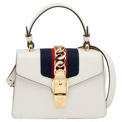 Used Gucci White Leather Mini Web Chain Sylvie Top Handle Bag