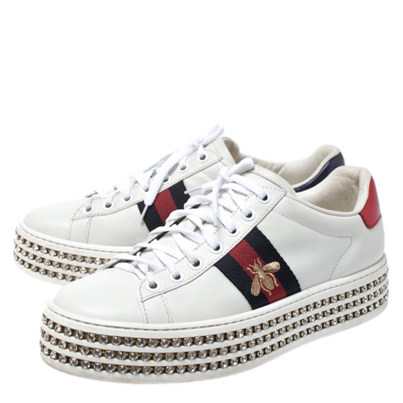 Gucci White Leather New Ace Crystal Embellished Platform Sneakers Size 37 In Good Condition In Dubai, Al Qouz 2
