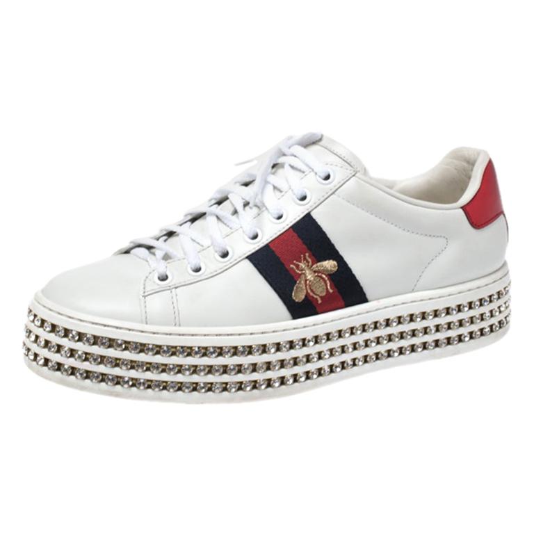 Een effectief Knikken Retoucheren Gucci White Leather New Ace Crystal Embellished Platform Sneakers Size 37  For Sale at 1stDibs | gucci ace platform sneakers