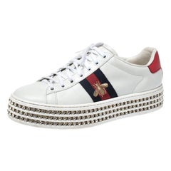 Gucci White Leather New Ace Crystal Embellished Platform Sneakers Size 37