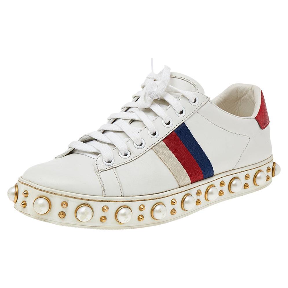 Gucci White Leather New Ace Pearl Embellished Low Top Sneakers Size 37.5  For Sale at 1stDibs