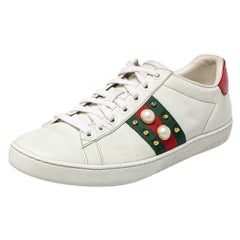 Gucci White Leather New Ace Web Faux Pearl Embellished Low Top Sneakers Size 38
