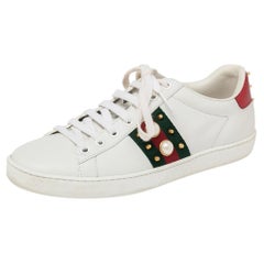 Gucci White Leather New Ace Web Faux Pearl Low Top Sneakers Size 36.5