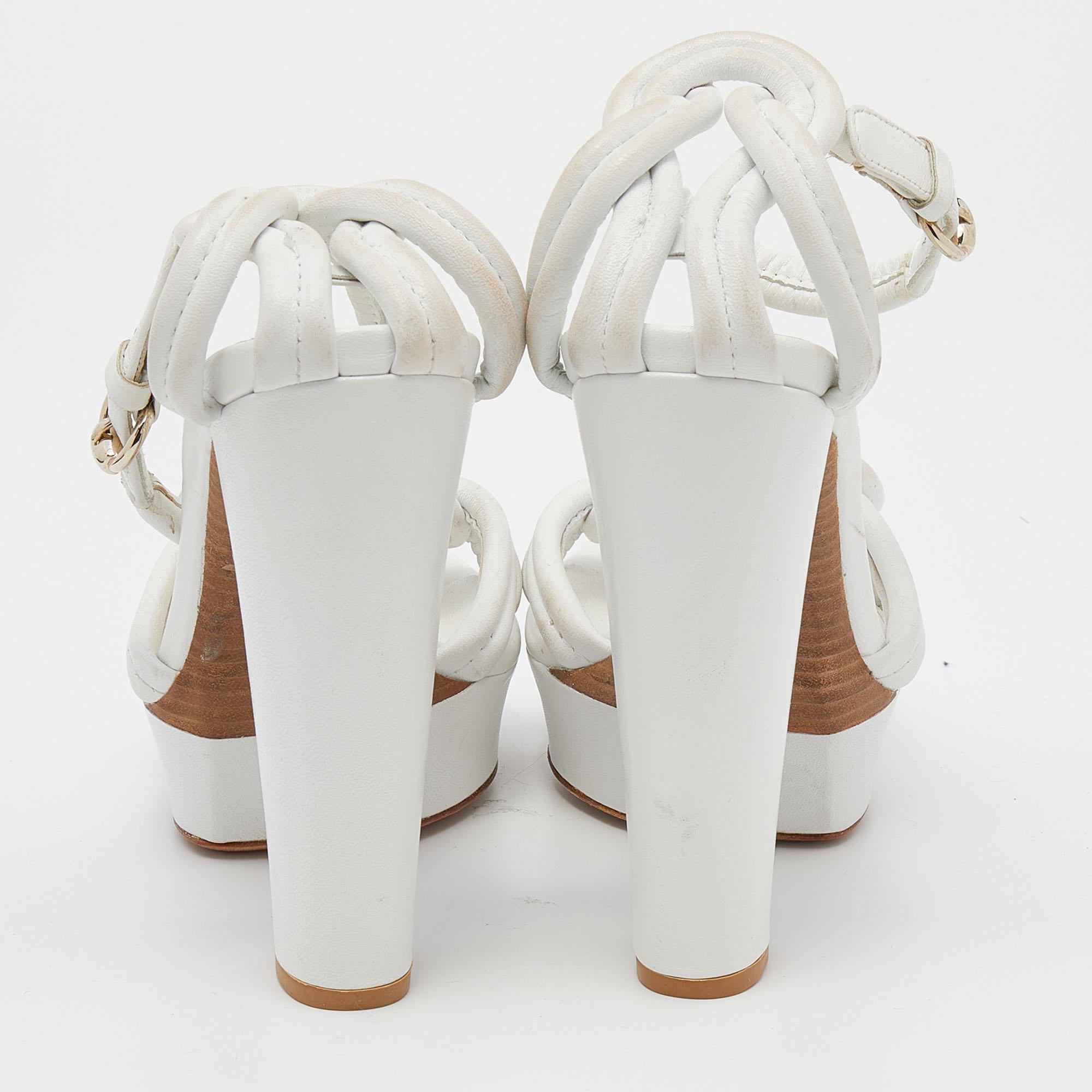 Gray Gucci White Leather Orchid Twist Detail Platform Ankle Strap Sandals Size 38