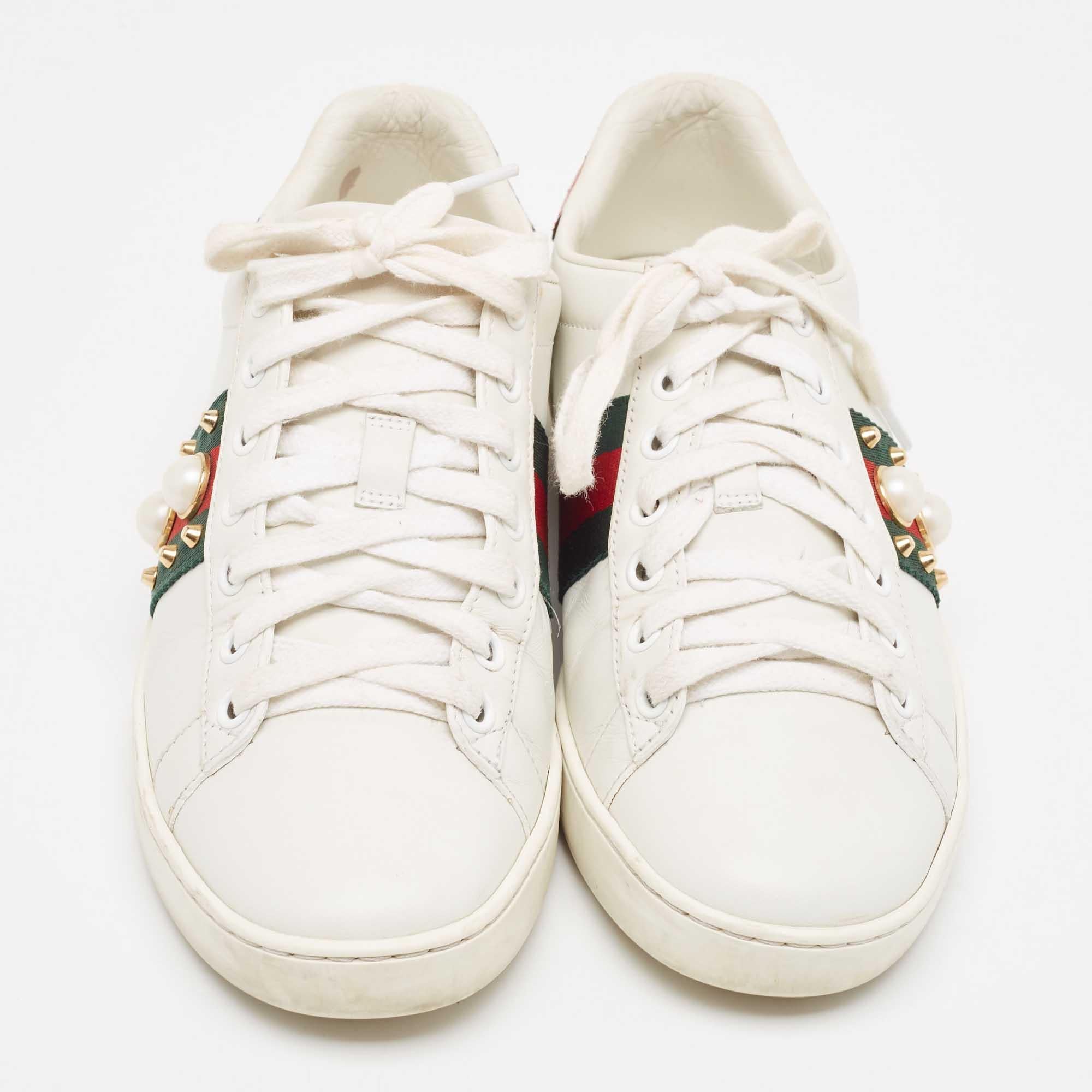 Women's Gucci White Leather Pearl Ace Low Top Sneakers Size 36 For Sale