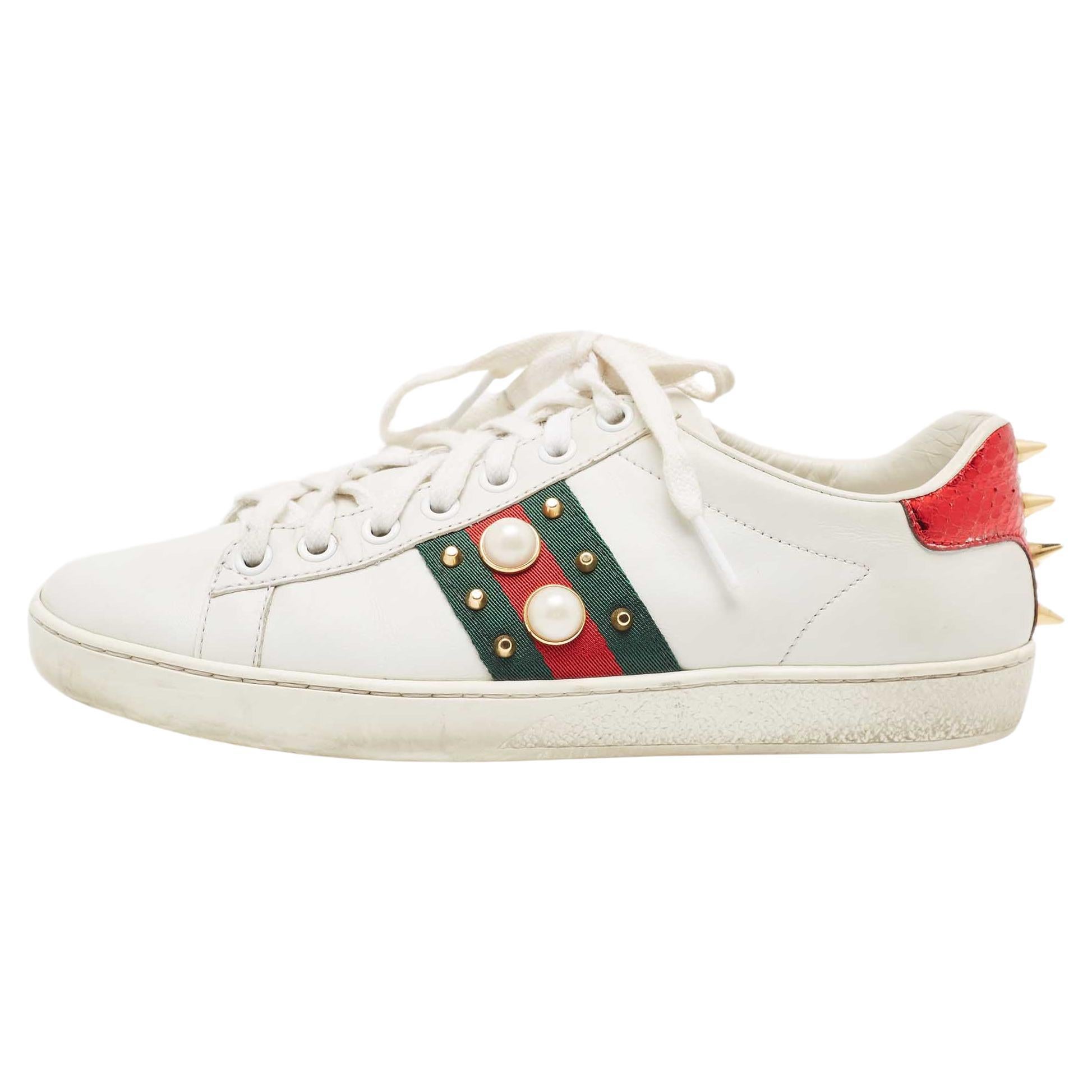 Gucci White Leather Pearl Ace Low Top Sneakers Size 36 For Sale