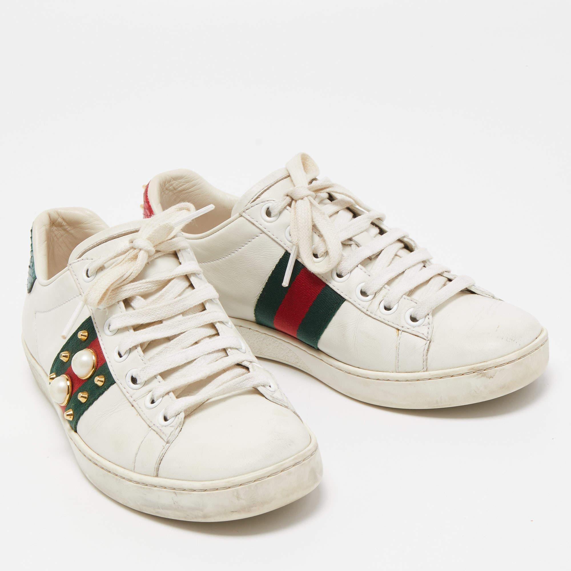 Women's Gucci White Leather Pearl Embellished and Studded Ace Sneakers Size 35