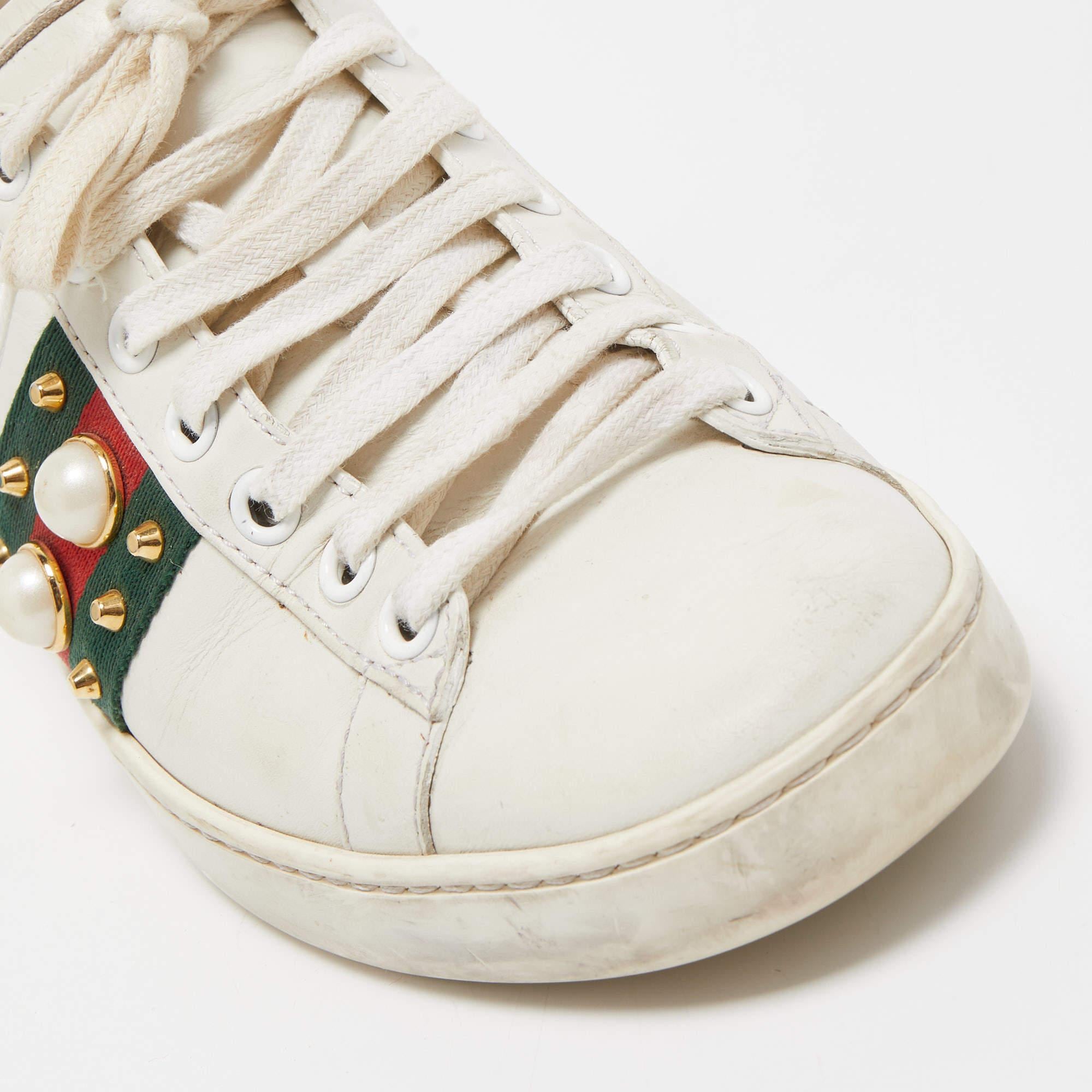 Gucci White Leather Pearl Embellished and Studded Ace Sneakers Size 35 1