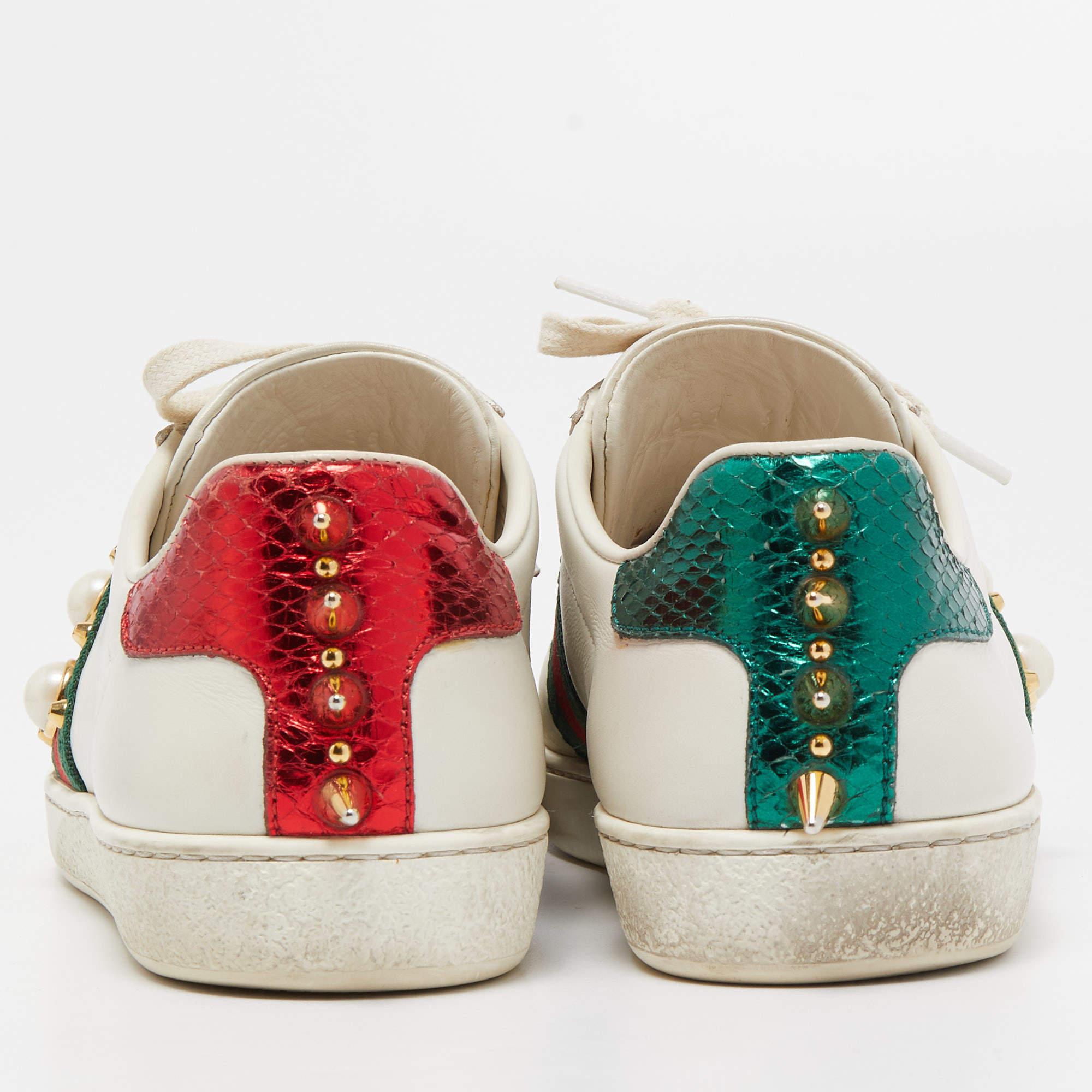 Gucci White Leather Pearl Embellished and Studded Ace Sneakers Size 35 3