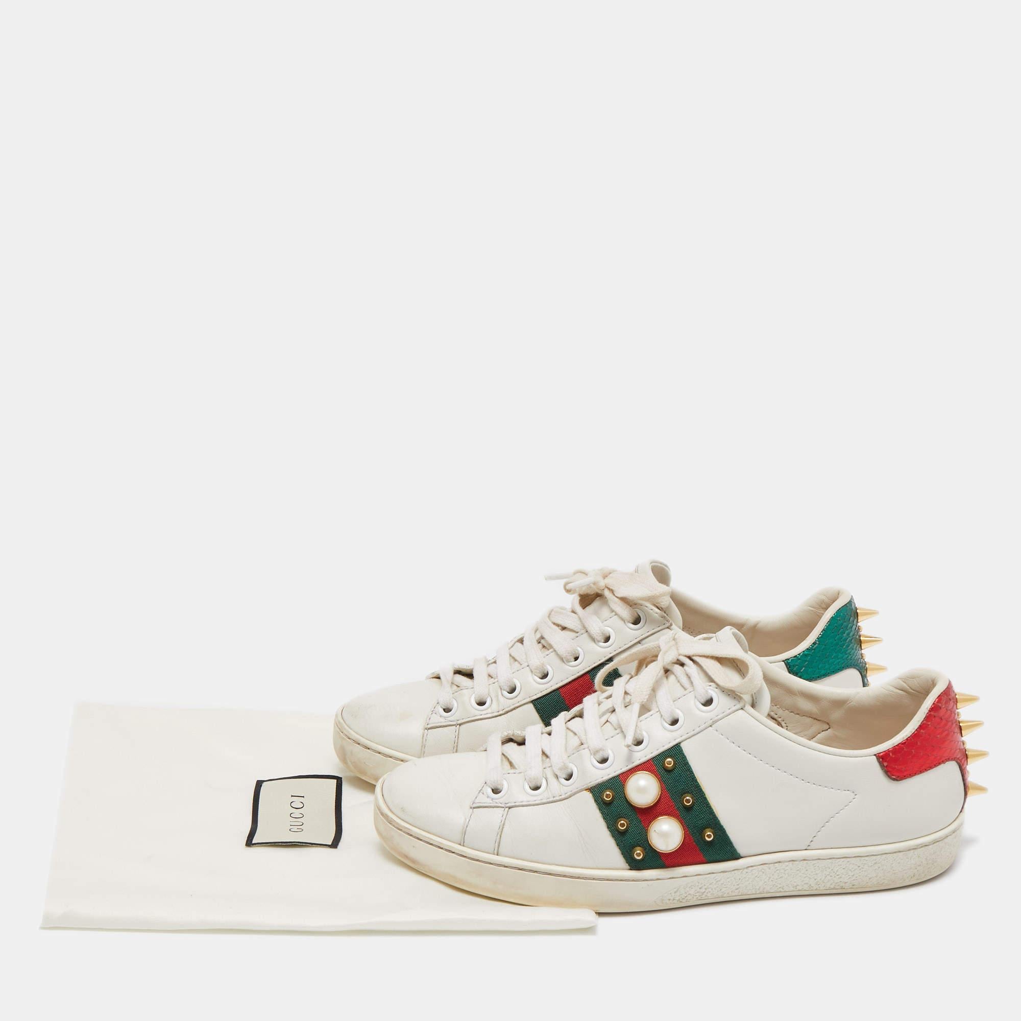 Gucci White Leather Pearl Embellished and Studded Ace Sneakers Size 35 5