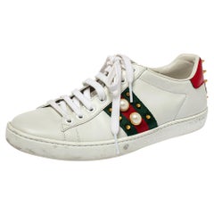 Gucci White Leather Pearl Embellished Studded Ace Sneakers Size 36.5