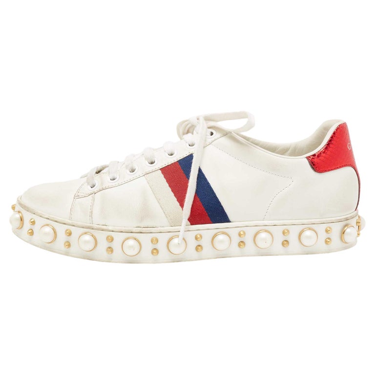 Gucci White Leather Pearl Studded Ace Low Top Sneakers Size 38 For Sale at  1stDibs