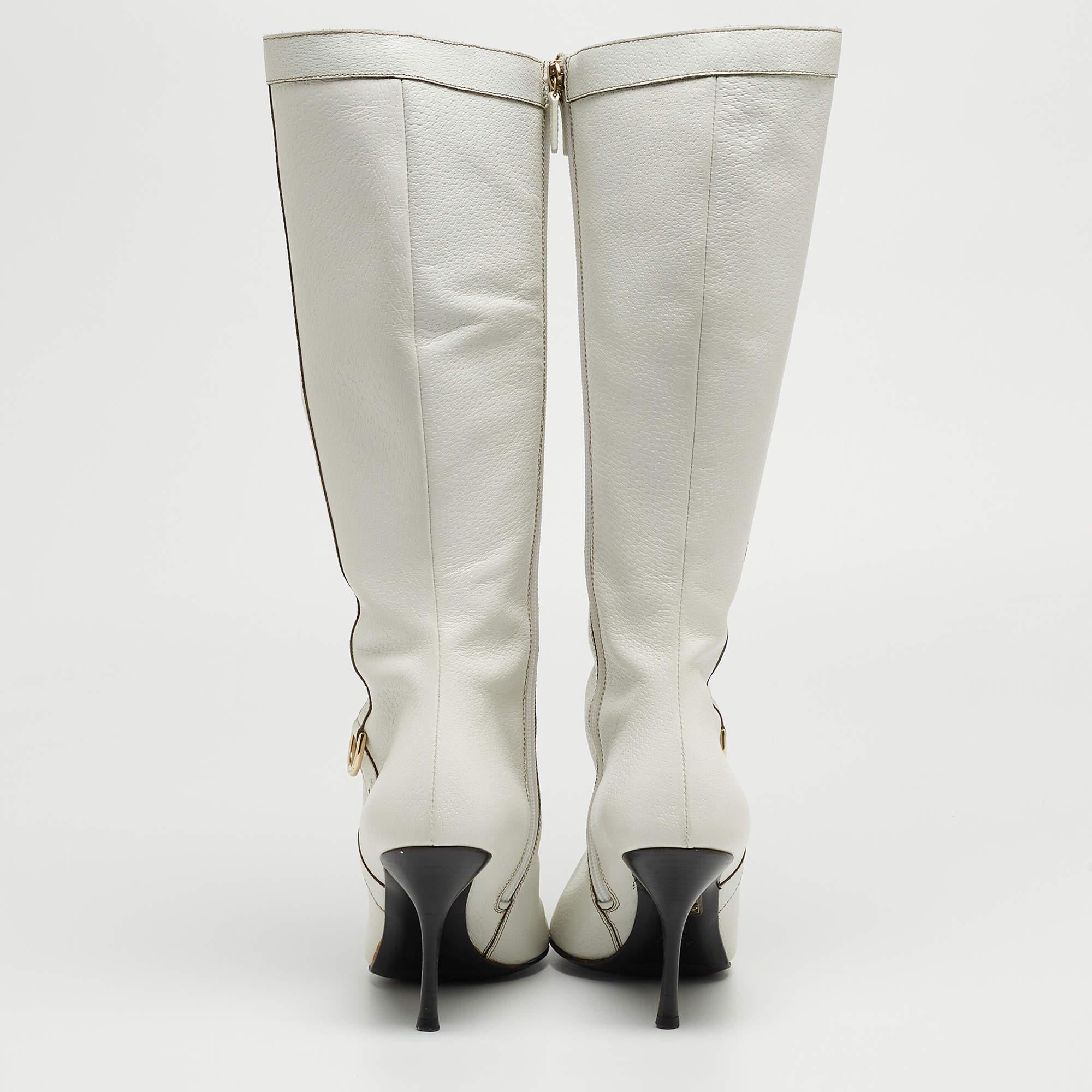 Women's Gucci White Leather Pointed Toe Knee Length Boots Size 41 For Sale