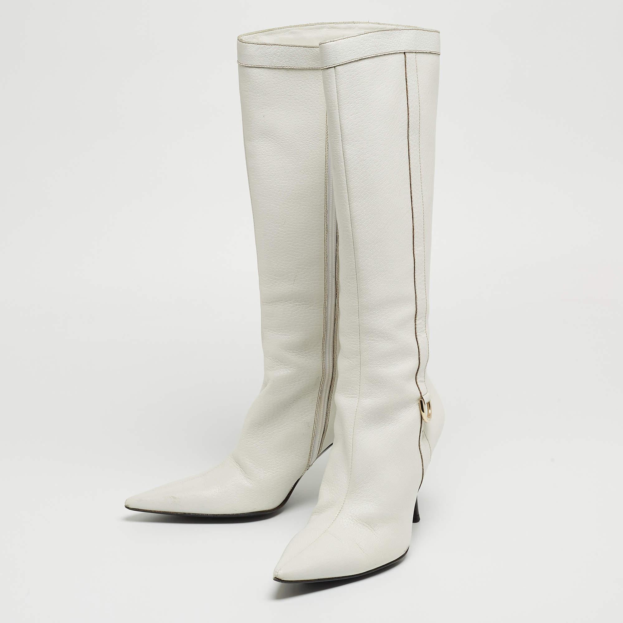 Gucci White Leather Pointed Toe Knee Length Boots Size 41 2