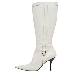 Used Gucci White Leather Pointed Toe Knee Length Boots Size 41