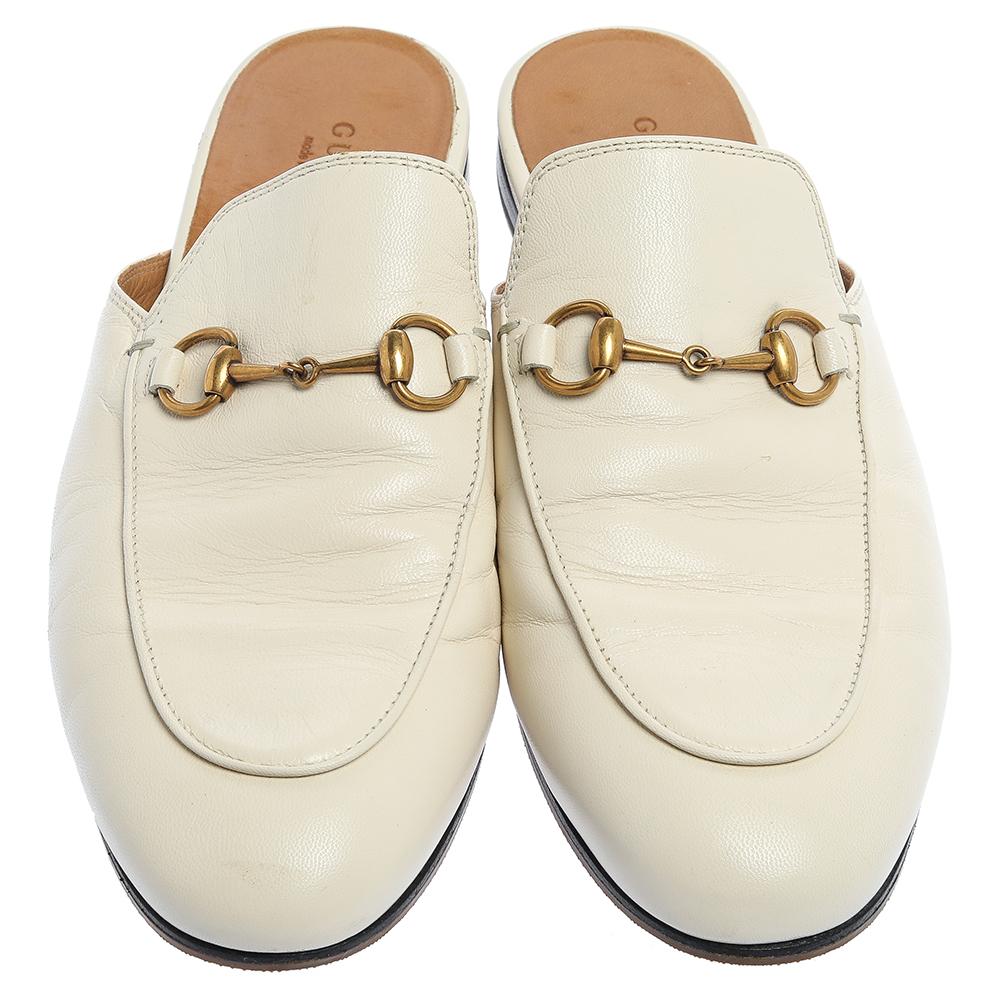 Gucci White Leather Princetown Horsebit Mules Size 39.5 In Good Condition In Dubai, Al Qouz 2