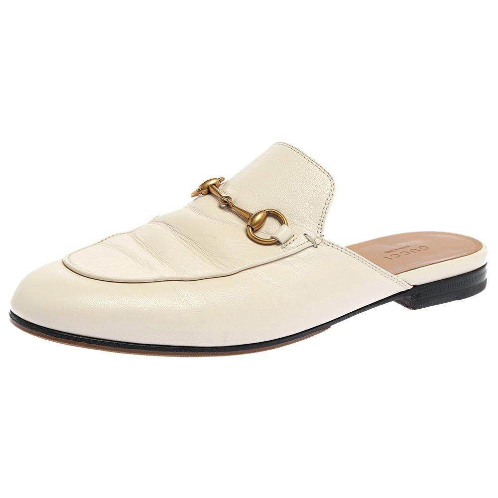 Gucci White Leather Princetown Horsebit Mules Size 39.5