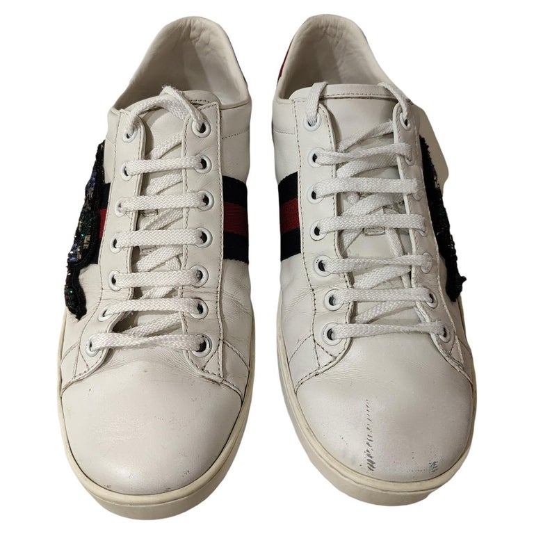 Gucci white leather red and blue patterns sneakers For Sale at 1stDibs