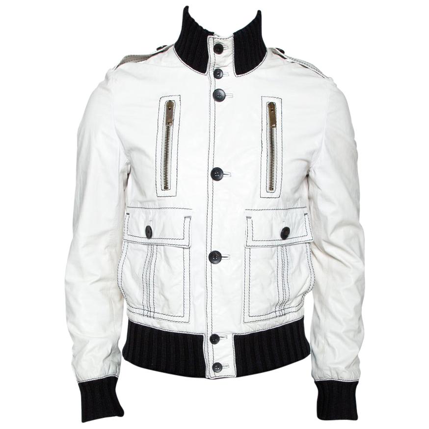 Gucci White Leather Rib Knit Trim Bomber Jacket M